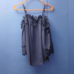 Navy Blue Lace Trim Women's Top